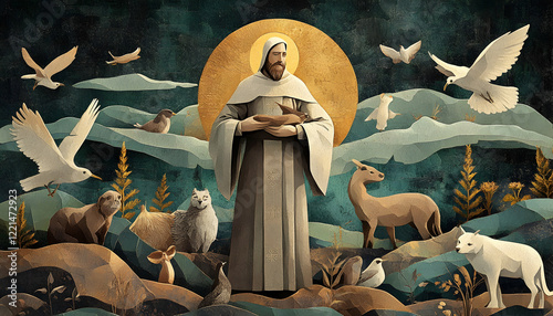Illustration of Saint Francis of Assisi, depicted surrounded by animals and nature, with a rich, textured background