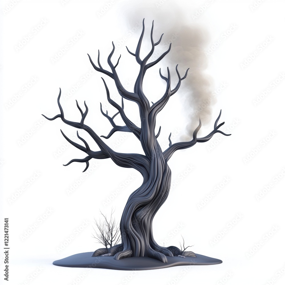 3D icon cartoon dead tree with smoke rising from the ground isolated on a white background --quality 2 3D icon cartoon dead tree with smoke rising from the ground isolated on a white background --quality 2