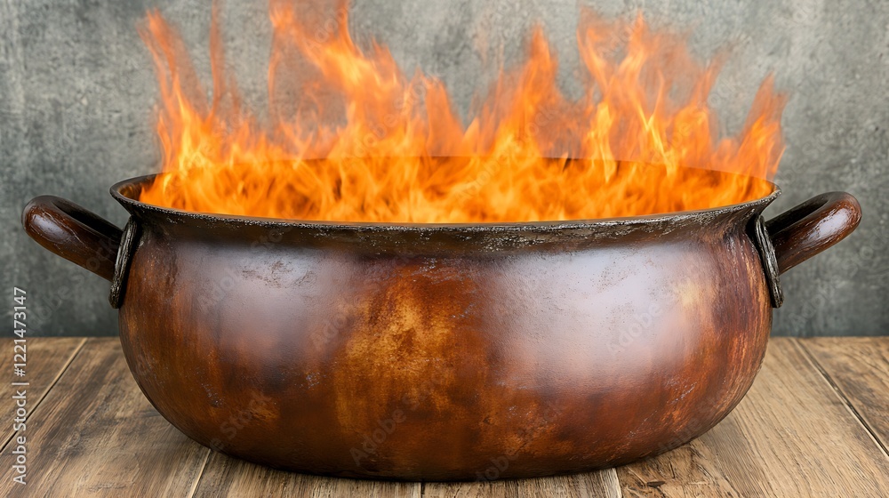 Pot on fire, cooking, rustic backdrop, concept Pot on fire, cooking, rustic backdrop, concept