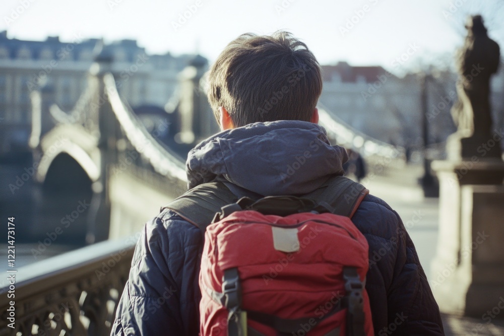 A person carrying a backpack walks across a suspension bridge, possibly on a hike or adventure A person carrying a backpack walks across a suspension bridge, possibly on a hike or adventure