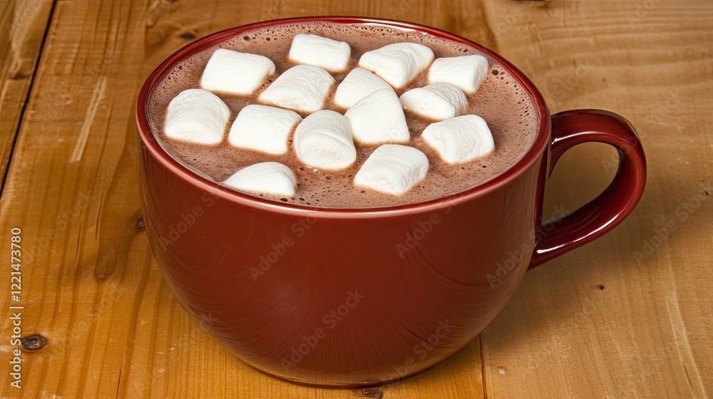 Warm Hot Chocolate with Marshmallows in a Red Mug on Wooden Table Warm Hot Chocolate with Marshmallows in a Red Mug on Wooden Table