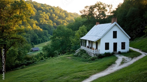 Wallpaper Mural White Farmhouse on a Green Hillside with a Winding Path Torontodigital.ca