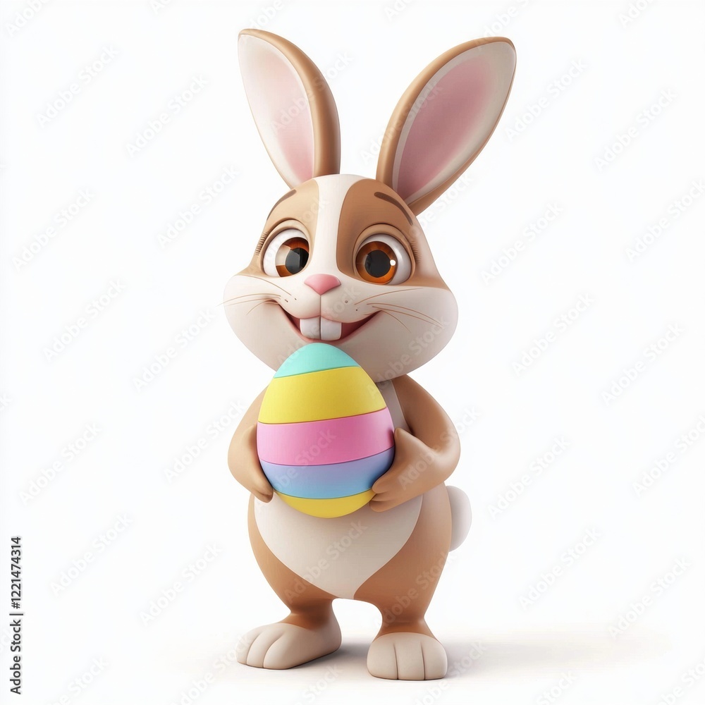 Fototapeta premium 3D icon cartoon Easter bunny holding a colorful egg, isolated on a white background --quality 2
