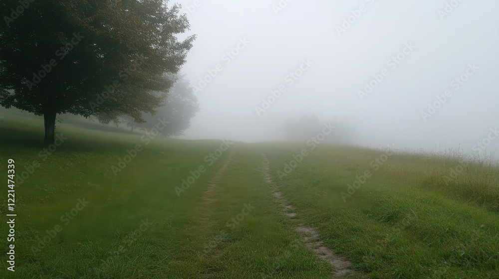 Misty pathway through lush green meadow on a foggy morning Misty pathway through lush green meadow on a foggy morning