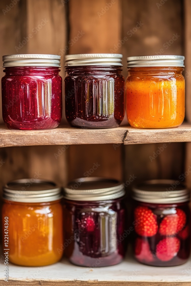 A colorful shelf filled with various jars of jam and fresh fruit, perfect for kitchen or food-related concepts A colorful shelf filled with various jars of jam and fresh fruit, perfect for kitchen or food-related concepts