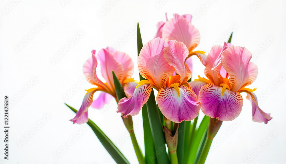 Fototapeta premium Irises on white background for greeting card with copy space