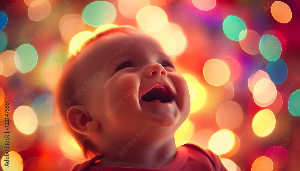 Joyful baby laughing against a vibrant, colorful bokeh background, capturing a playful and cheerful mood with bright lighting Joyful baby laughing against a vibrant, colorful bokeh background, capturing a playful and cheerful mood with bright lighting