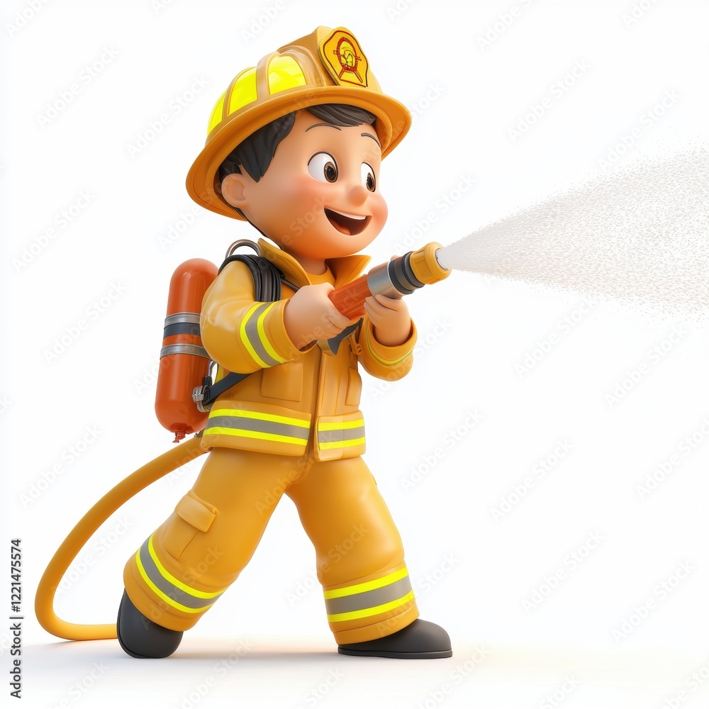 3D icon cartoon firefighter holding a hose spraying water on flames isolated on a white background --quality 2