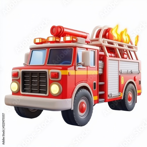 3D icon cartoon fire truck with flashing lights, isolated on a white background --quality 2