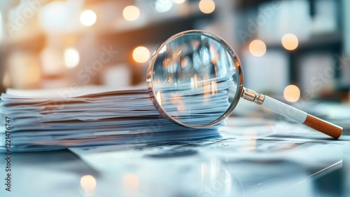 Magnifying Glass Over Stack of Documents Meticulous Review and Analysis