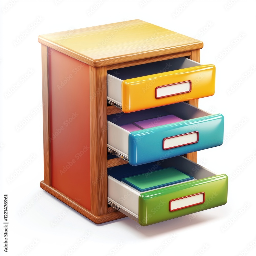 3D icon cartoon compact office filing cabinet with labeled drawers isolated on a white background 3D icon cartoon compact office filing cabinet with labeled drawers isolated on a white background
