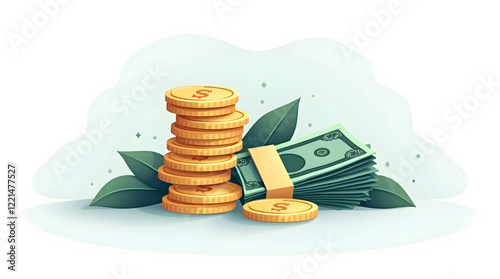 Stack of gold coins and a pile of green banknotes, symbolizing wealth and financial prosperity. The coins are neatly stacked in the center, with a dollar sign prominently displayed on the top coin