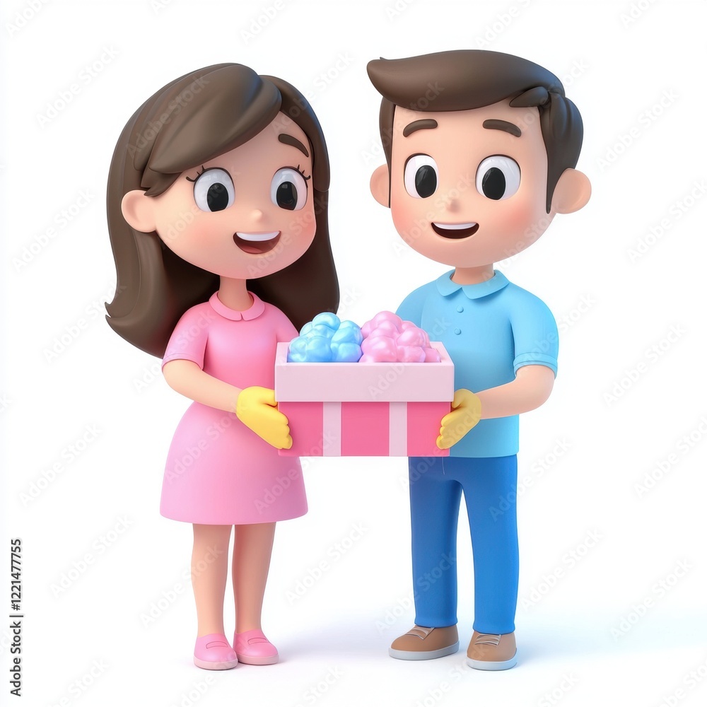 3D icon cartoon excited parents holding a gender reveal box, isolated on a white background --quality 2 3D icon cartoon excited parents holding a gender reveal box, isolated on a white background --quality 2