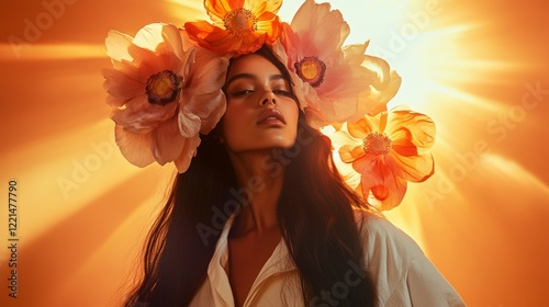 Woman with floral headpiece basking in radiant sunset glow