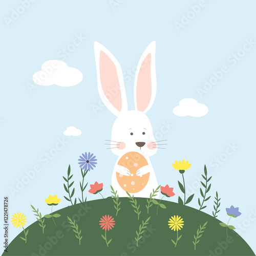 rabbit with an egg in a meadow