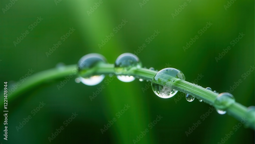 Macro photography of dew drops on a thin green stem with natural reflections Macro photography of dew drops on a thin green stem with natural reflections
