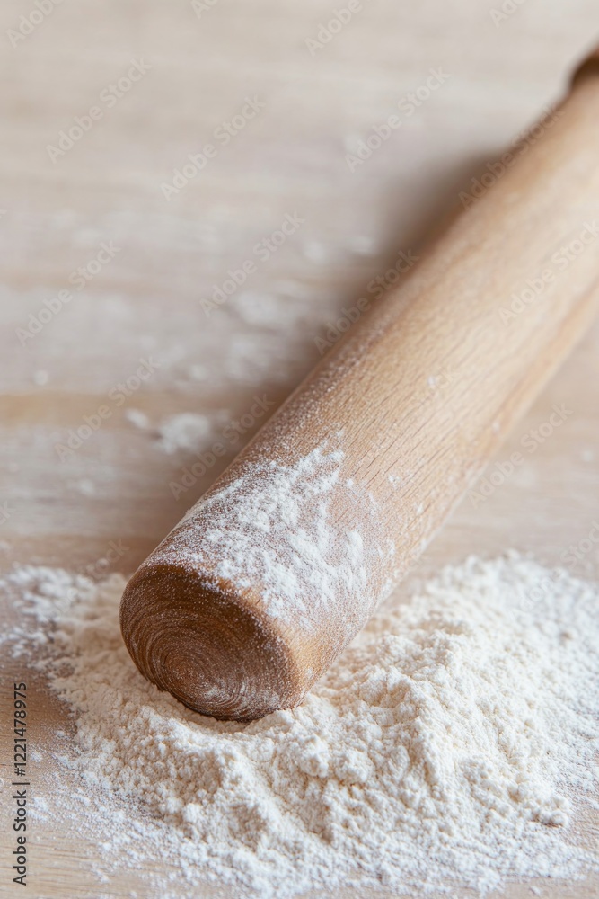 Rolling pin rests on wooden surface, surrounded by scattered flo Rolling pin rests on wooden surface, surrounded by scattered flo