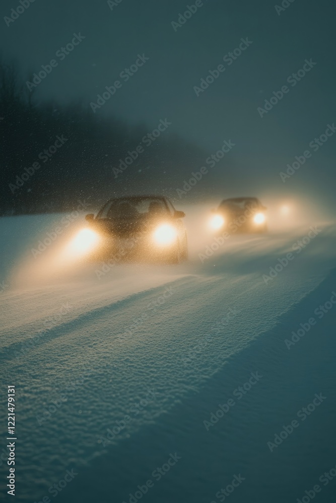 Cars navigate through dense fog and snow, headlights piercing gl Cars navigate through dense fog and snow, headlights piercing gl