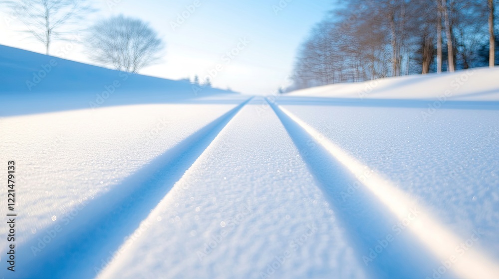 Snow-covered landscape reveals serene tracks leading into distan Snow-covered landscape reveals serene tracks leading into distan