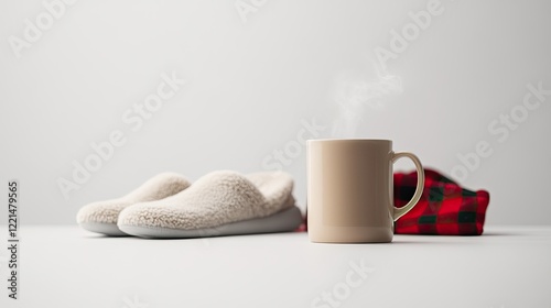 Cozy slippers next to steaming mug and warm plaid create relaxin photo