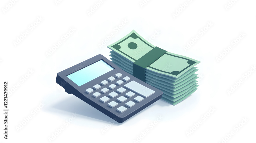 Stack of green dollar bills and a calculator placed next to each other on a plain white background. The stack of money is neatly bundled with a dark green band, indicating a significant amount of cash Stack of green dollar bills and a calculator placed next to each other on a plain white background. The stack of money is neatly bundled with a dark green band, indicating a significant amount of cash