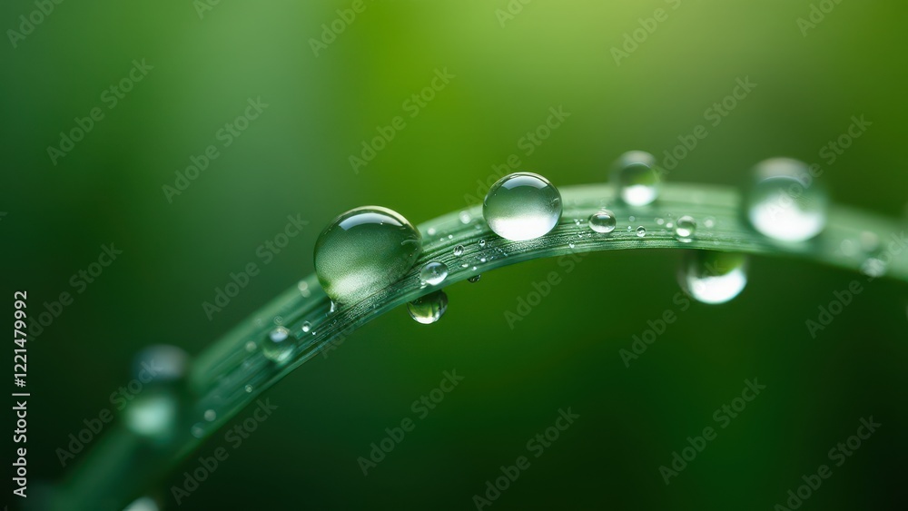 Macro photography of dew drops on a thin green stem with natural reflections Macro photography of dew drops on a thin green stem with natural reflections