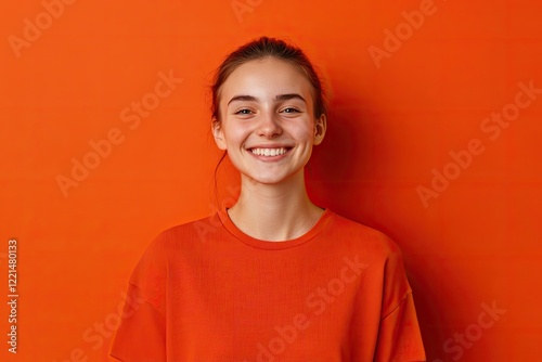 Bright orange backdrop highlights cheerful young woman with radi photo