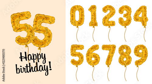 Set gold numbers from 0 to 9. Holiday set for a party, birthday, anniversary and wedding celebration. Balloons in form numbers for postcards, posters, congratulations.