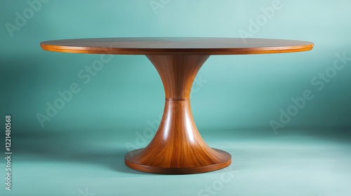 round dining table with central pedestal in cherry wood on light teal background photo