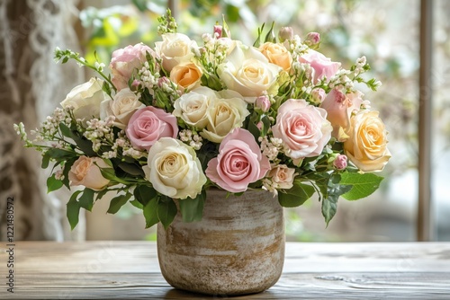 Delicate roses in a rustic vase, framed by light and lace