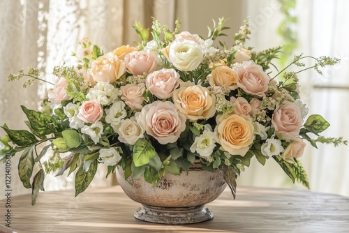 Pastel rose bouquet in an antique vase with soft lighting ambiance