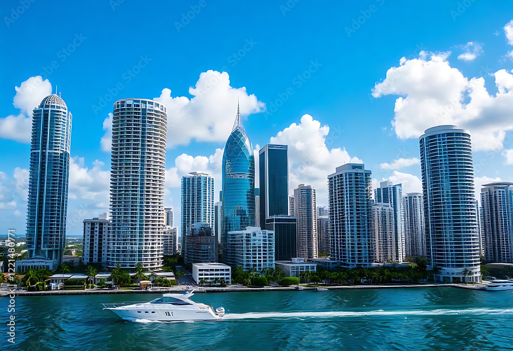 Fototapeta premium Aerial view of Miami skyscrapers with blue cloudy sky, white boat sailing next to Miami downtown 