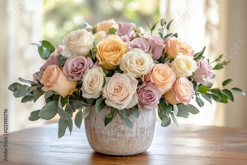 Roses in a vintage vase, framed by soft fabric backgrounds