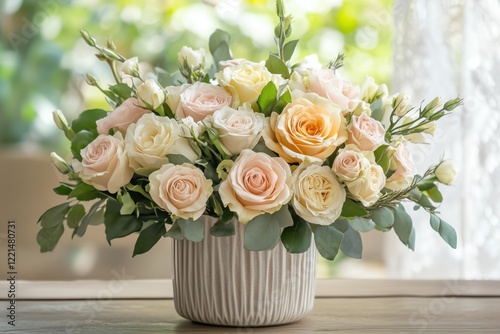 Lovingly arranged roses in a rustic setting with natural light