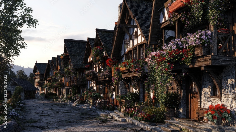 Flower-adorned village street, sunset, mountains, tourism Flower-adorned village street, sunset, mountains, tourism