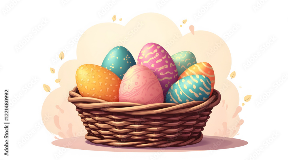 Wicker basket filled with brightly colored and intricately decorated Easter eggs. The eggs are adorned with various patterns