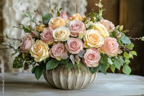 Bouquet of cream and yellow roses, framed by soft daylight