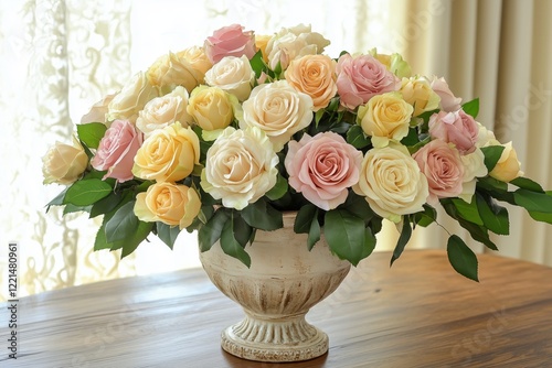 Soft light on delicate roses in a nostalgic ceramic vase