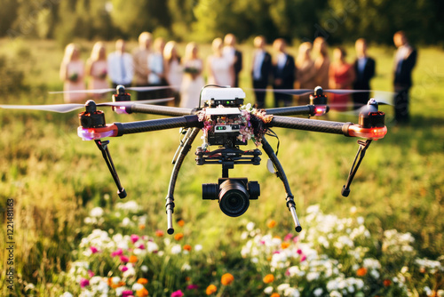 Drone captures joyful wedding celebration in an open field surrounded by flowers and smiling guests photo