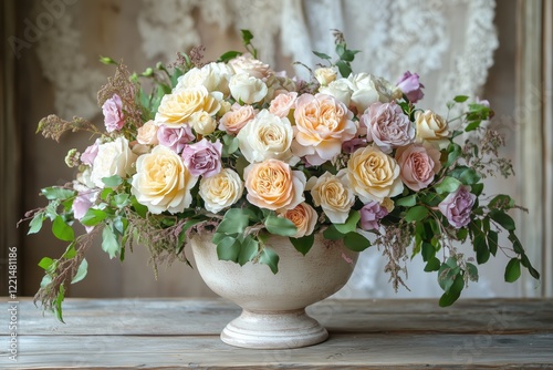 Vintage arrangement of roses in pastel tones, displayed in a rustic vase