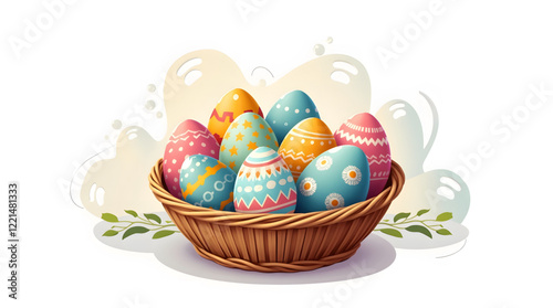 Wicker basket filled with brightly colored and intricately decorated Easter eggs. The eggs are adorned with various patterns