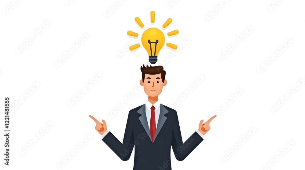 Businessman with business suit with a red tie, pointing upwards with both hands. Above the figure's head is a bright yellow lightbulb, symbolizing an idea or a moment of inspiration. Businessman with business suit with a red tie, pointing upwards with both hands. Above the figure's head is a bright yellow lightbulb, symbolizing an idea or a moment of inspiration.
