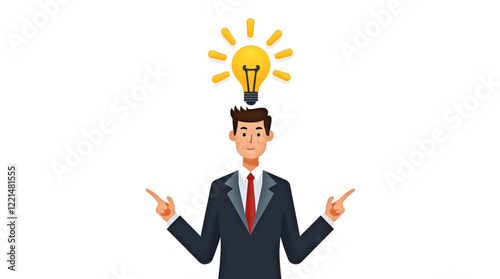 Businessman with business suit with a red tie, pointing upwards with both hands. Above the figure's head is a bright yellow lightbulb, symbolizing an idea or a moment of inspiration.