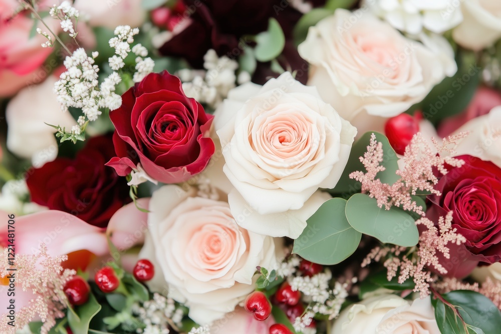 Close-up of a rose bouquet in red, pink, and white, pure elegance Close-up of a rose bouquet in red, pink, and white, pure elegance