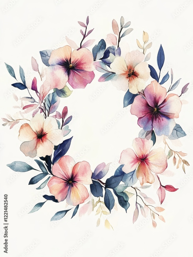 Obraz premium A circular floral wreath painted in soft watercolors, featuring pastel blossoms and leaves, symbolizing unity, beauty, and artistic expression in a timeless style.