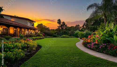 Manicured garden at sunset with lush green lawn and colorful flower beds, ideal for real estate, landscaping, and gardening