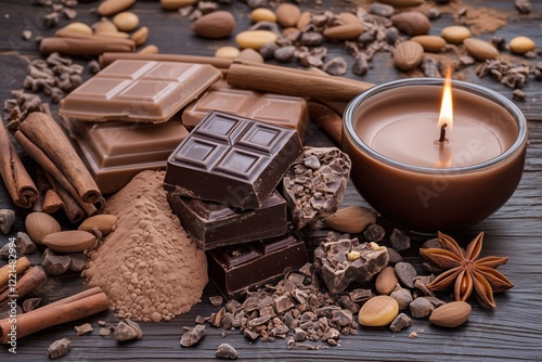Chocolate, cocoa powder, spices and burning candle creating relaxing atmosphere