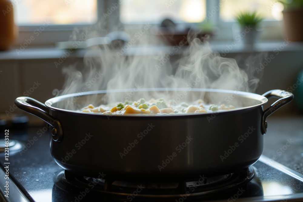 Simmering soup pot on stove with steam in sunlit kitchen Simmering soup pot on stove with steam in sunlit kitchen