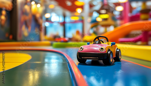 Miniature cars racing on a vibrant track, bringing life to playful childhood moments in a cheerful indoor space