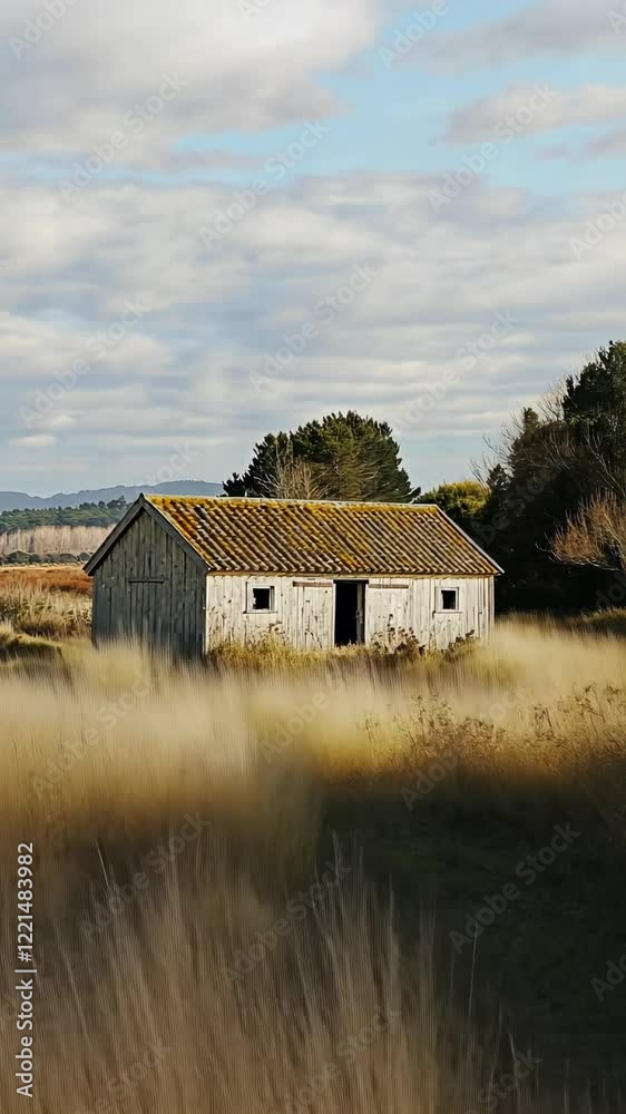 Wooden cabin surrounded by tall grass under a cloudy sky in a serene landscape of nature Wooden cabin surrounded by tall grass under a cloudy sky in a serene landscape of nature